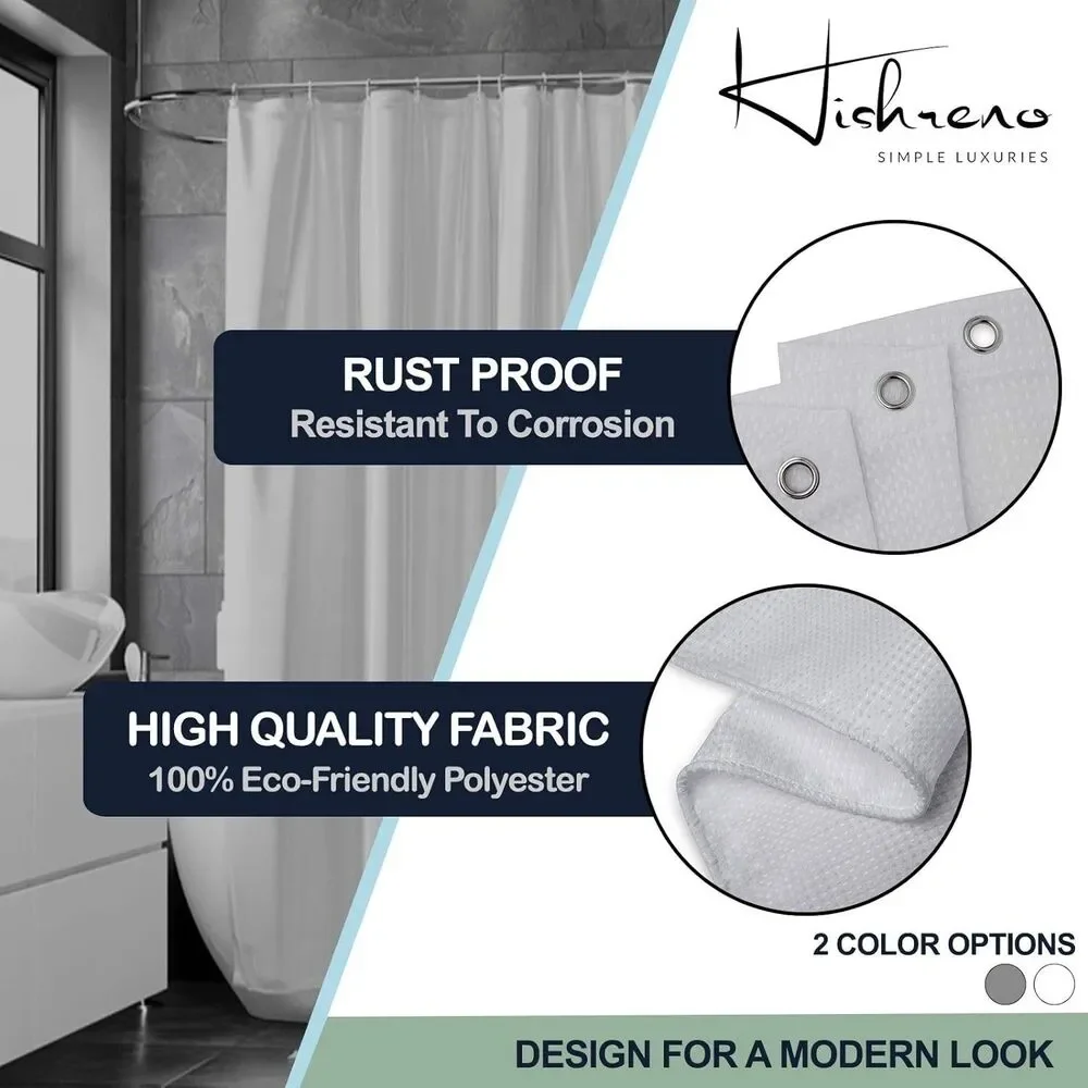 Modern Fabric Shower Curtain w/Rust-Proof Curtain Hooks, Heavy-Duty, 72x72 WHITE